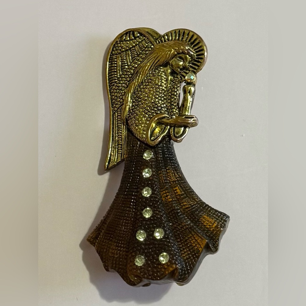 Gold and Brown Angel Brooch with Rhinestones